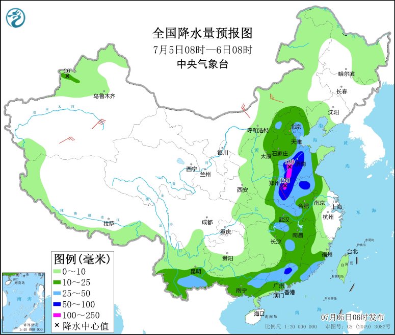 　　全国降水量预报图(7月5日08时-6日08时)