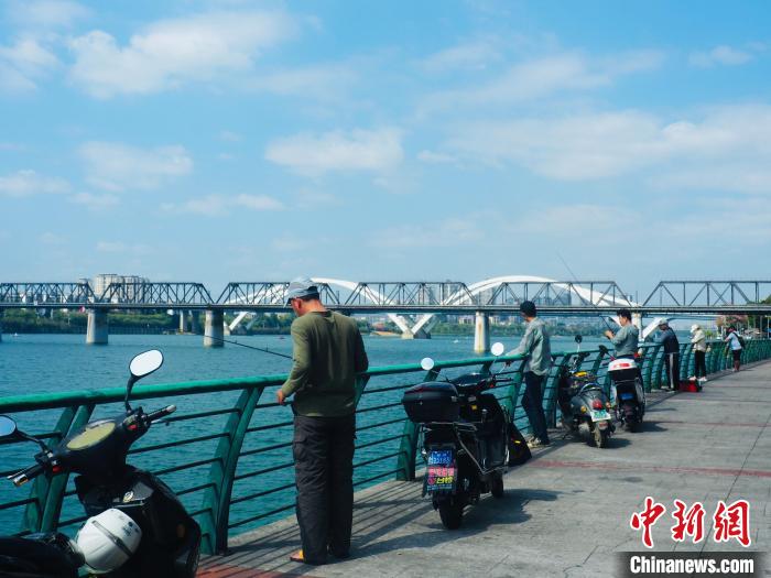 入秋，碧水蓝天相互映衬，广西柳州市的市民在柳江河的河岸上钓鱼休闲。　李娇阳 　摄