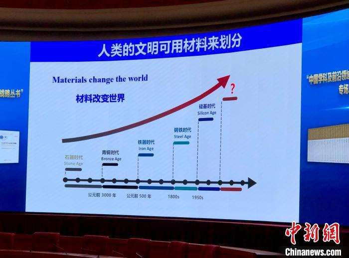 陈仙辉院士作报告的PPT显示人类文明用材料划分显示的相关时代。 中新社记者 孙自法 摄 陈仙辉院士作报告的PPT显示人类文明用材料划分显示的相关时代。 中新社记者 孙自法 摄