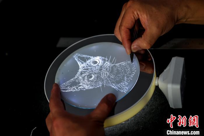 图为画家盛焰正在镜子上画猫 张畅 摄 图为画家盛焰正在镜子上画猫 张畅 摄