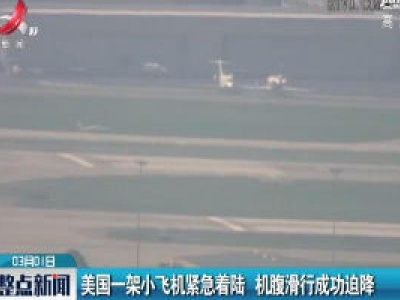 美国一架小飞机紧急着陆 机腹滑行成功迫降