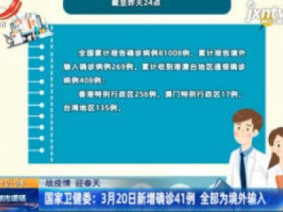 【战疫情 迎春天】国家卫健委：3月20日新增确诊41例 全部为境外输入