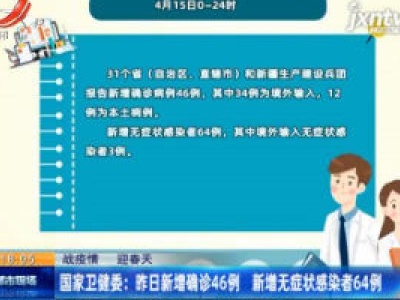 【战疫情 迎春天】国家卫健委：4月15日新增确诊46例 新增无症状感染者64例