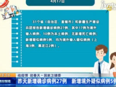 【战疫情 迎春天】国家卫健委：4月17日新增确诊病例27例 新增境外疑似病例5例