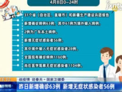 【战疫情 迎春天】国家卫健委：4月8日新增确诊63例 新增无症状感染者56例