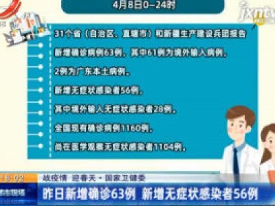 【战疫情 迎春天】国家卫健委：4月8日新增确诊63例 新增无症状感染者56例