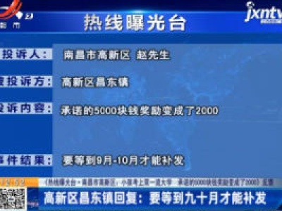 【《热载曝光台·南昌市高新区：小孩考上双一流大学 承诺的5000块钱奖励变成了2000》反馈】高新区昌东镇回复：要等到九十月才能补发