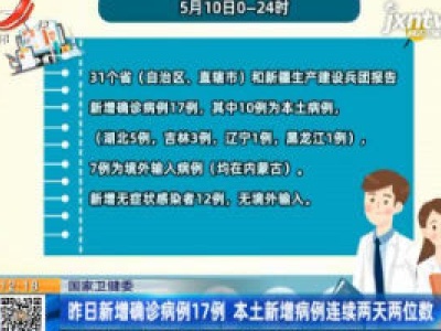 国家卫健委：5月10日新增确诊病例17例 本土新增病例连续两天两位数