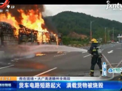 【救在现场】大广高速赣州全南段：货车电路短路起火 满载货物被烧毁