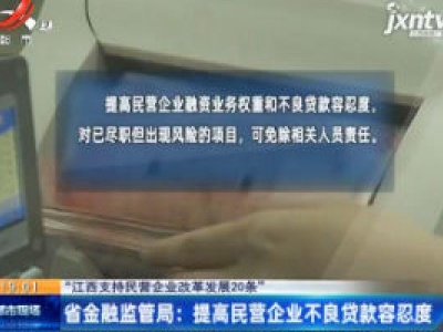 【“江西支持民营企业改革发展20条”】省金融监管局：提高民营企业不良贷款容忍度
