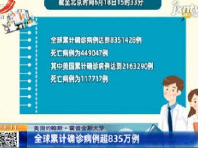 美国约翰斯·霍普金斯大学：全球累计确诊病例超835万例