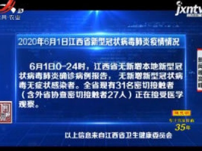 2020年6月1日江西省新型冠状病毒肺炎疫情情况