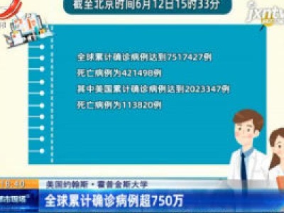 美国约翰斯·霍普金斯大学：全球累计确诊病例超750万