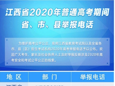 江西省公布2020年普通高考期间省、市、县三级举报电话