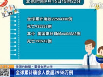 美国约翰斯·霍普金斯大学：全球累计确诊人数超2958万例