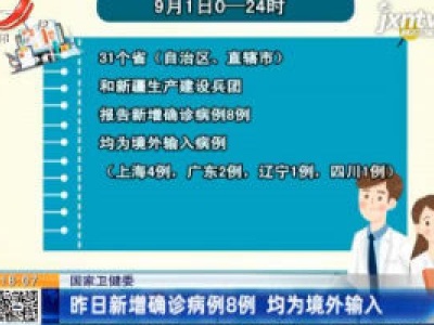 国家卫健委：9月1日新增确诊病例8例 均为境外输入