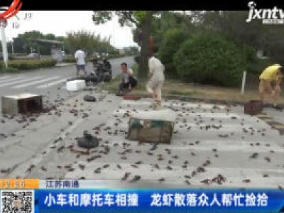 江苏南通：小车和摩托车相撞 龙虾散落众人帮忙捡拾