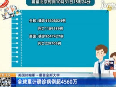 美国约翰斯·霍普金斯大学：全球累计确诊病例超4560万