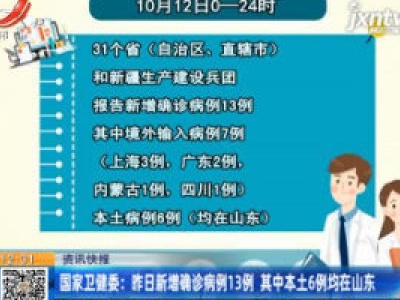 国家卫健委：10月12日新增确诊病例13例 其中本土6例均在山东