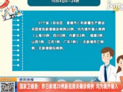 国家卫健委：10月4日新增20例新冠肺炎确诊病例 均为境外输入