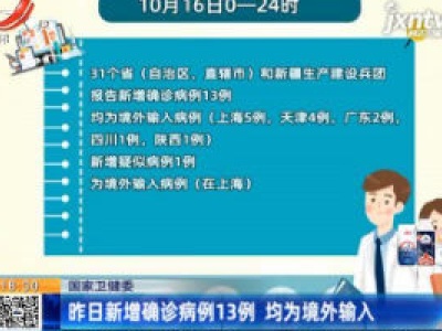 国家卫健委：10月16日新增确诊病例13例 均为境外输入
