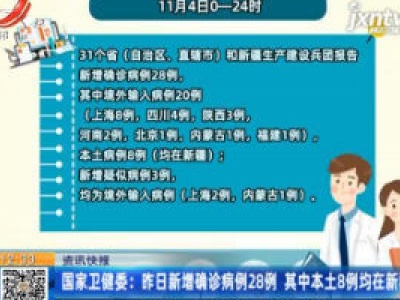 国家卫健委：11月4日新增确诊病例28例 其中本土8例均在新疆