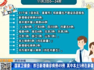 国家卫健委：11月2日新增确诊病例49例 其中本土5例在新疆