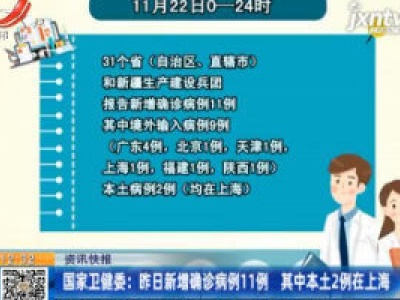 国家卫健委：11月22日新增确诊病例11例 其中本土2例在上海