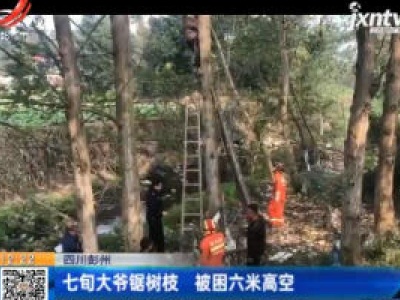 四川彭州：七旬大爷锯树枝 被困六米高空