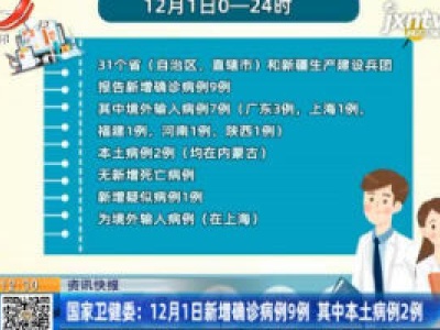 国家卫健委：12月1日新增确诊病例9例 其中本土病例2例