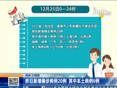 国家卫健委：12月25日新增确诊病例20例 其中本土病例8例
