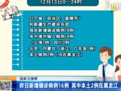 国家卫健委：12月13日新增确诊病例16例 其中本土2例在黑龙江