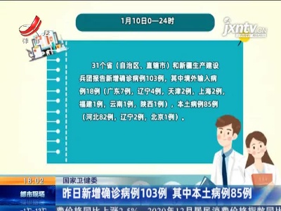 国家卫健委：1月10日新增确诊病例103例 其中本土病例85例
