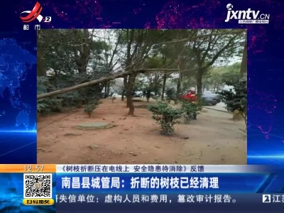 【《树枝折断压在电线上 安全隐患待消除》反馈】南昌县城管局：折断的树枝已经清理