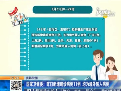 国家卫健委：2月21日新增确诊病例11例 均为境外输入病例