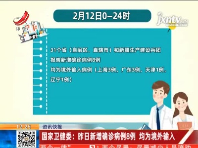 国家卫健委：2月12日新增确诊病例8例 均为境外输入