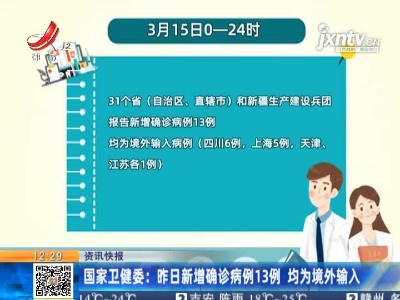 国家卫健委：3月15日新增确诊病例13例 均为境外输入