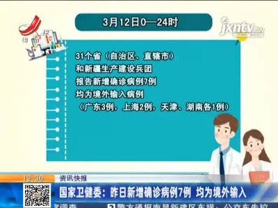 国家卫健委：3月12日新增确诊病例7例 均为境外输入