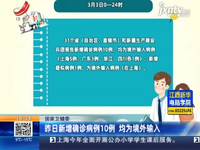 国家卫健委：3月3日新增确诊病例10例 均为境外输入