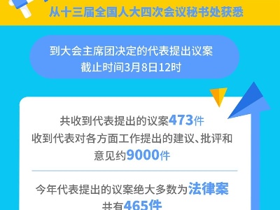 十三届全国人大四次会议收到代表议案473件 收到代表建议约9000件