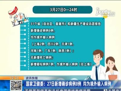 国家卫健委：27日新增确诊病例8例 均为境外输入病例