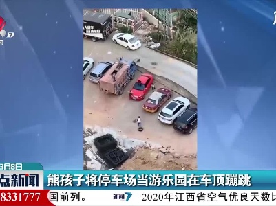 广东：熊孩子将停车场当游乐园在车顶蹦跳