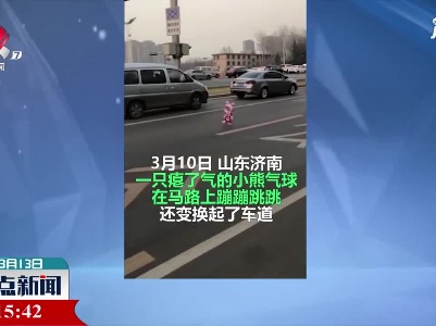 山东济南：小熊气球马路上“遛弯” 市民抓住拴路边