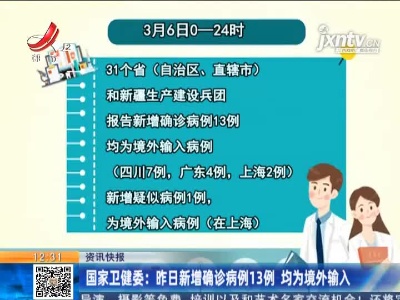 国家卫健委：3月6日新增确诊病例13例 均为境外输入