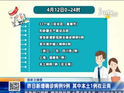 国家卫健委：4月12日新增确诊病例9例 其中本土1例在云南