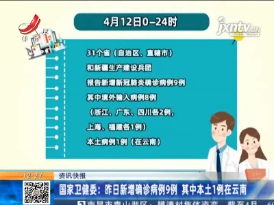 国家卫健委：4月12日新增确诊病例9例 其中本土1例在云南