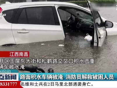 南昌：路面积水车辆被淹 消防员解救被困人员