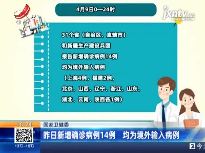 国家卫健委：4月9日新增确诊病例14例 均为境外输入病例