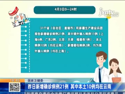 国家卫健委：4月3日新增确诊病例21例 其中本土10例均在云南