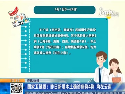 国家卫健委：4月1日新增本土确诊病例4例 均在云南